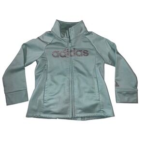 Adidas Kids Track Jacket Size 2T 2TL 2A Teal Glitter Logo Ruffled Back Zip Front